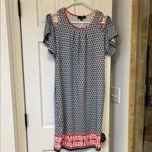 Suzanne Betro Geometric Black and White Midi Dress with Red Trim